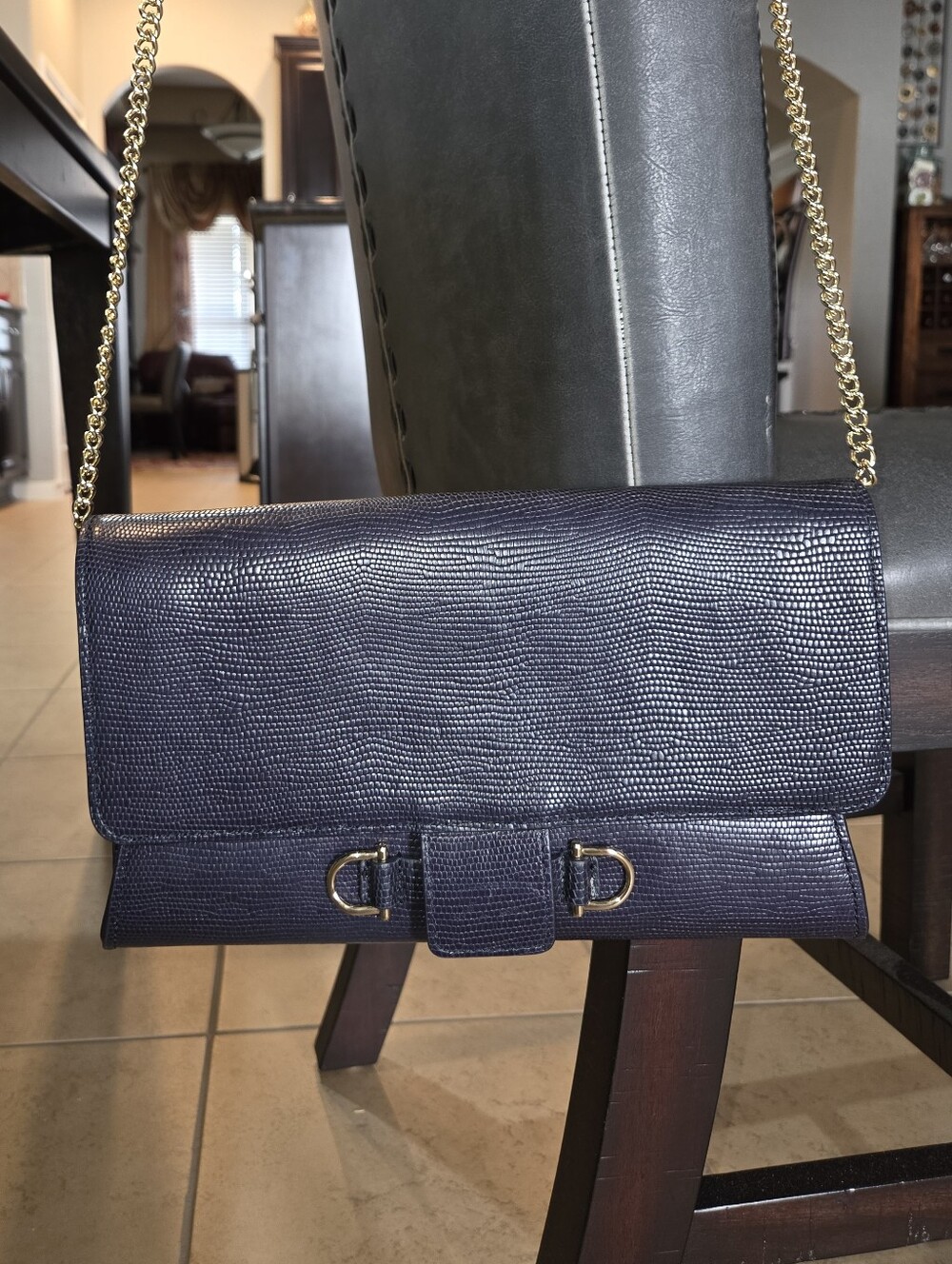 Talbots Pebbled Leather Navy  Clutch With Detachable Chain Strap